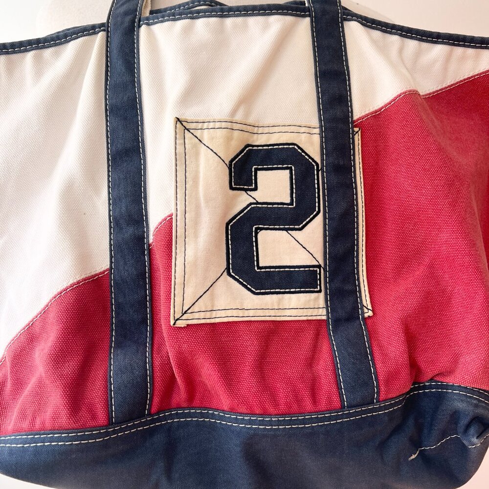 Vintage L.L. Bean large Canvas Boat Tote red white and blue - Picture 3 of 11